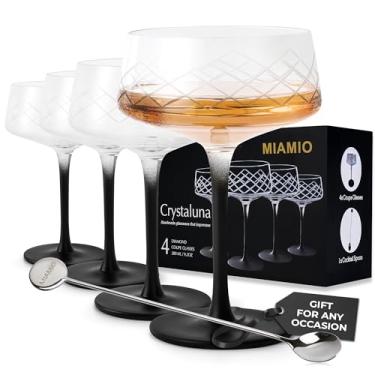 Imagem de MIAMIO Conjunto de 4 copos cupê de 270 ml com colher de bar, copos de coquetel de cristal soprados à mão com haste preta, copos de coquetel, copos de vodka martini, taças de champanhe – Coleção