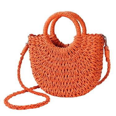 Imagem de Bolsa feminina de palha para praia de tecido transversal, bolsa de mão com alça superior para o verão, Laranja, One Size