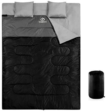 Imagem de oaskys Saco de dormir duplo para adultos com 2 travesseiros – Queen Size GG Saco de dormir à prova d'água para todas as estações, acampamento, caminhada, mochilão, 2 pessoas, sacos de dormir para clima frio e quente