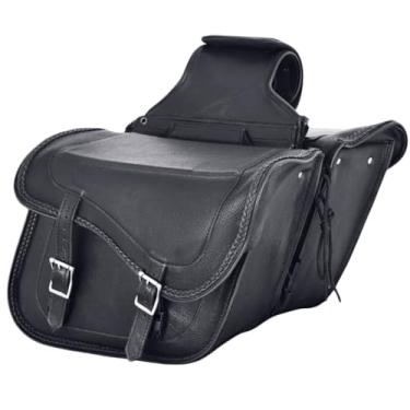 Imagem de Dream Apparel Bolsas para selim de motocicleta de couro de vaca nu, bolsas laterais de motocicleta para Honda Shadow Sportster Softail Dyna V-star (preto, sem pinos)