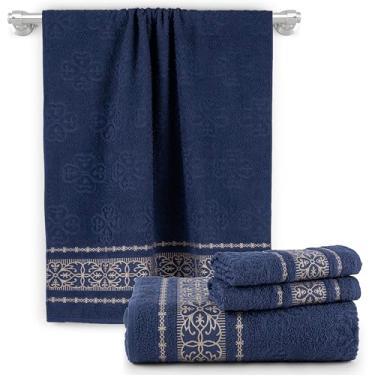 Imagem de KIT PARA BANHO COM 4 TOALHAS 100% ALGODÃO COMPLETO QUALIDADE PREMIUM 2 TOALHAS BANHO DE 2 TOALHAS DE ROSTO (Azul Marinho)