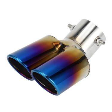 Imagem de VekAuto Ponta de escape dupla inclinada, entrada de 6 cm, saída de 12,4 cm, comprimento de 17 cm, universal para parafuso de carro em aço inoxidável, azul queimado