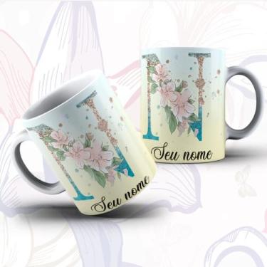 Imagem de Caneca Porcelana Alfabeto Floral Glitter Personalizada Com Inicial E N
