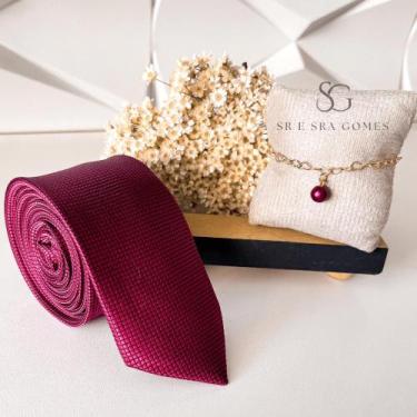 Imagem de Kit gravata e pulseira para padrinhos casamento marsala  gravata tecid