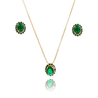 Imagem de Conjunto Brinco e Colar Banhado a Ouro 18k Zirconias Esmeraldas - Caro