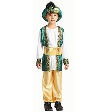 Imagem de STIOEDYUAN Children's Arab Prince Costume Egypt King Shiek Aladdin Cosplay Boys Arabian Genie Halloween Fancy Dress (Green, 6-8 Years)