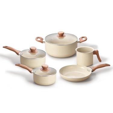 Imagem de Oikos - Jogo com 5 Panelas Antiaderentes de Revestimento Cerâmica com Tampa de Vidro Terrara Bege com 5 Camadas para Fogão a Gás, Elétricos, Cerâmicos e Halogênio