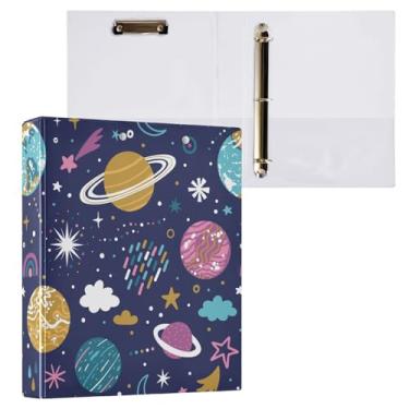 Imagem de Fichários de 3 cm com três anéis, planetas espaciais, estrelas, fichário com bolsos, fichário de 3 furos para escritório escolar, pacote com 2