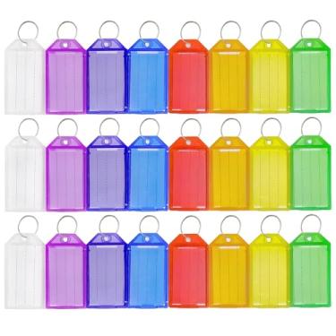 Imagem de QOIUSO Pacote com 24 etiquetas de chave de plástico com etiqueta: etiquetas de chave com anel dividido e janela de etiqueta - Identificadores de chaveiro, marcadores para malas de bagagem, malas e