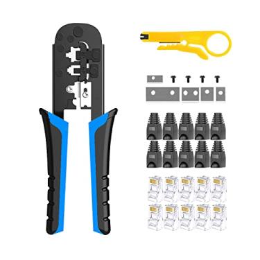 Imagem de TAIWAIN Rj45 Ferramenta de manutenção de reparo de crimpagem, 119 peças, crimpador de cabo de telefone portátil 8P8C4P4C6P6C Conectores RJ11 Cat5 Cat6, testador de cabo Ethernet (azul marinho)