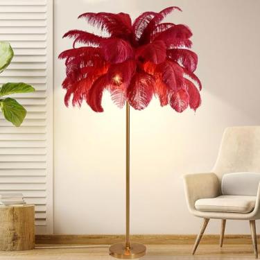 Imagem de Luminária de chão, luminária de pé nórdica, lâmpadas de piso de penas de 160 cm de altura com acabamento dourado e interruptor de pé, lâmpadas de penas reguláveis para quartos e sala de estar