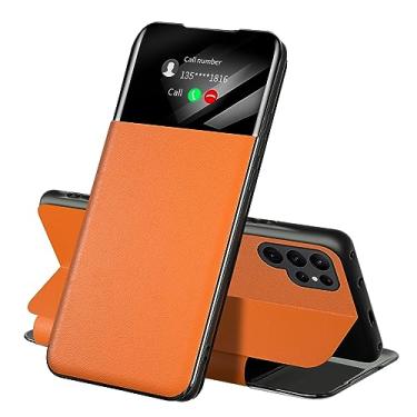 Imagem de HAO RIYLN Laranja, S24 Ultra, Capa para Samsung Galaxy S24ultra/S24plus/S24, Flip Clear View Window Wallet Capa de Couro com Slot para Cartão Capa de Proteção de Corpo Inteiro