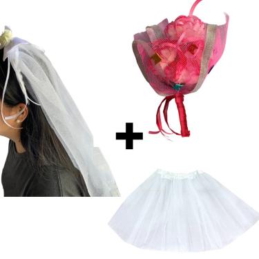 Imagem de Fantasia Noivinha Caipira Completa Festa Junina Kit Véu Buquê e Saia De Tule Quadrilha São João Arraia Quermesse