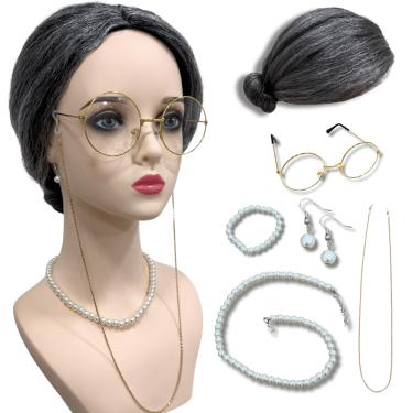 Imagem de Kit peruca vovozinha idosa coque amarrada grisalha óculos