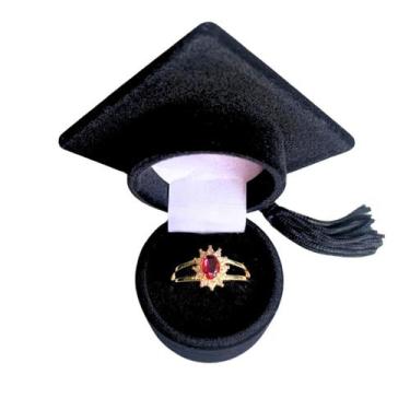 Imagem de Anel de Formatura Feminino com Pedra Rosa Banhado Ouro e Caixinha Cape