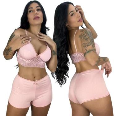 Imagem de Short Doll Feminino Para Dormir Top Cropeed Short Renda Confortável Li