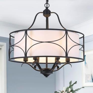 Imagem de DStailhalf Lustre Grande De Tambor Preto De 20" Para Sala De Jantar, Luminárias Pendentes Modernas De Fazenda Com 6 Luzes, Abajur De Tecido Branco, Iluminação De Ilha De Cozinha, Lustres Vintage Par