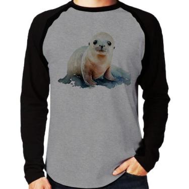 Imagem de Camiseta Raglan Foca Bebê Manga Longa - Foca na Moda, Cinza, Preto, M