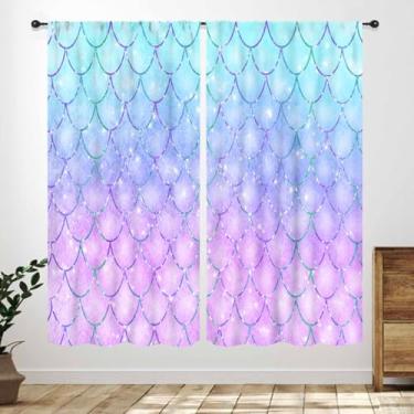 Imagem de Cortinas de sereia, arco-íris, fantasia, fantasia, escamas com glitter, tema marinho, roxo, rosa, tratamentos de janela para bebês, para quarto, sala de estar, berçário, 2 painéis, 106 x 113 cm