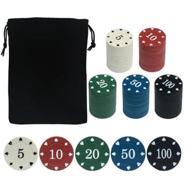 Imagem de Conjunto de fichas de pôquer de 100 peças com bolsa de armazenamento portátil, estilo cassino de nível profissional, 5 cores para festa noturna de pôquer Texas Holdem Blackjack (grande denominação)