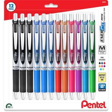 Imagem de Pentel Energel Canetas de tinta de gel líquido de 0,7 mm – pacote com 12 canetas de 8 cores sortidas, incluindo 3 pretas e 3 azuis – ponta média – ponta de metal – pacote doméstico em forma de