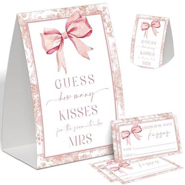 Imagem de Guess How Many Kisses Jogos de chá de panela, decorações de chá de casamento com laço rosa, jogo de festa de noivado, jogos de despedida de solteira, lembrancinhas de chá de panela, placa de chá de