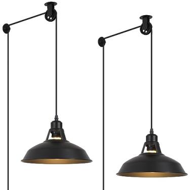 Imagem de LUSTORM 1 Conjunto De 2 Luzes Pendentes Pretas Industriais - Polia Com Altura Ajustável, Cabo Plug-In De 11,5 Pés Com Interruptor, Luminária De Parede De Fazenda, Lustre De Metal - Ideal Para Quarto