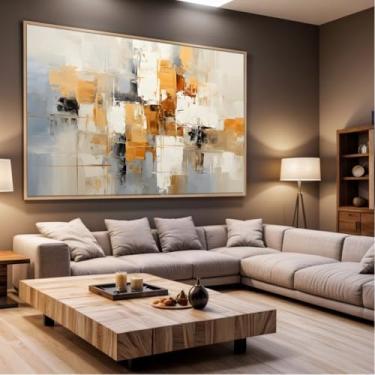 Imagem de Quadro Decorativo com Moldura Sala 90x60 Pintura Arte Abstrato Bege Branco Marrom Dourado Luxo Grande Horizontal