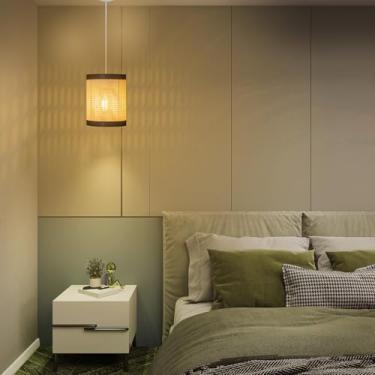 Imagem de Luminária Pendente Eclipse, 20 cm x 16 cm, Tela Texturizada com Acabamento em Madeira, 1 Metro de Fio