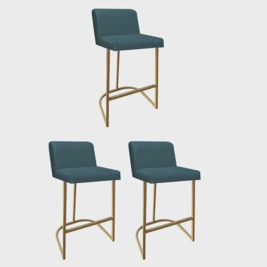 Imagem de Kit 03 Banquetas Com Encosto Noah Luxo Confort Bistrô Cozinha Ferro Dourado Suede Azul Turquesa - Ahz Móveis