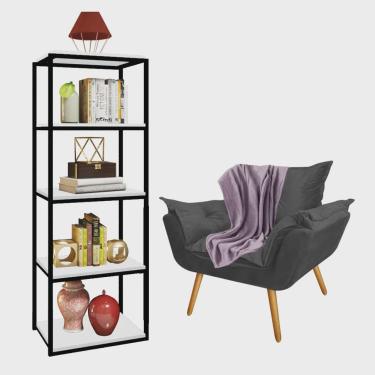 Imagem de Kit Poltrona Fatte com Manta Soft Lilás e Estante Livreiro Ferro Preto mdf Branco Suede Cinza - Ahazzo Móveis