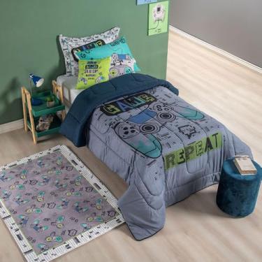 Imagem de Kit 5 Pçs Edredom Solteiro Infantil e Juvenil Estampado Hipercal 400 Fios Game Cinza