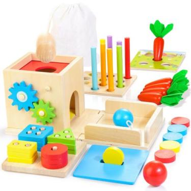 Imagem de Brinquedos de madeira Montessori para bebês Kizfarm 8 em 1 com caixa d