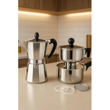 Imagem de Kit Cafeteira Italiana 9 Xícaras com Cuscuzeira Brinox Aço Inox e Acessório | Café Espresso | Aço Inox 18/10 | Vedação Extra | Kit Completo Pronto para Uso
