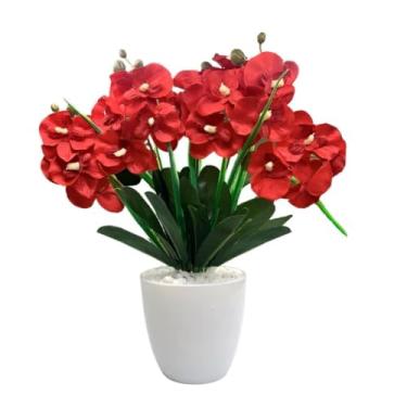 Imagem de Arranjo de Orquídea Artificial Rosa com Vaso Barca, 35 cm de altura, Flores de Silicone Real Toque (Vermelha Vaso Branco)