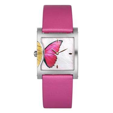 Imagem de TIME100 Relógio de quartzo feminino com mostrador de borboleta, pulseira de couro e aço inoxidável, rosa, Relógio de quartzo