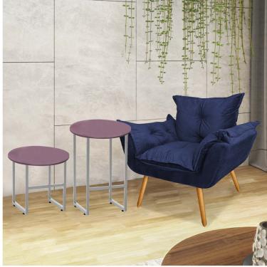 Imagem de Kit Poltrona Opala Com 2 Mesas Will Ferro Prata Tampo Redondo Rose Corino Azul Marinho - Amey Decor