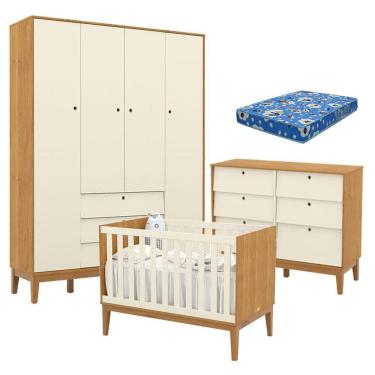 Imagem de Quarto De Bebe Unique 4 Portas Com Cômoda 6 Gavetas Freijó Off White Eco Wood E Colchão Ortobom - Matic