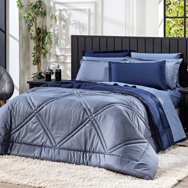 Imagem de Kit Edredom Heaven Dupla Face Com Fronhas Queen 03 Peças - Tecido Liso Percal 300 Fios 100% Algodão Original Cor Azul