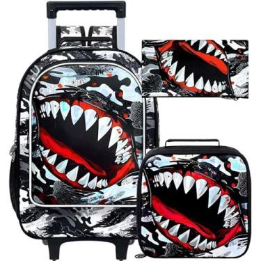 Imagem de ZLYERT 18" Shark Rolling Backpack for Boys, 3Pcs Kids School Backpacks with Wheels, Roller Bookbag with Lunch Box for Elementary Preschool(Black)