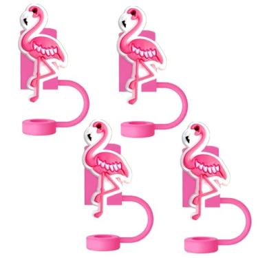 Imagem de Topos de palha de flamingo para copos Stanley; tampas de palha de flamingo compatíveis com Stanley copo de 30 e 1,134 g, topo de canudos reutilizáveis e de silicone para pontas de 0,4 polegadas/10 mm