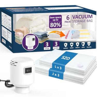 Imagem de SZO Pacote Com 6 Sacos De Armazenamento A Vácuo Bomba Ar Elétrica, Selagem Para Roupas Viagem, Bagagem Que Economiza Espaço, Cobertores, Roupa Cama, Mudança