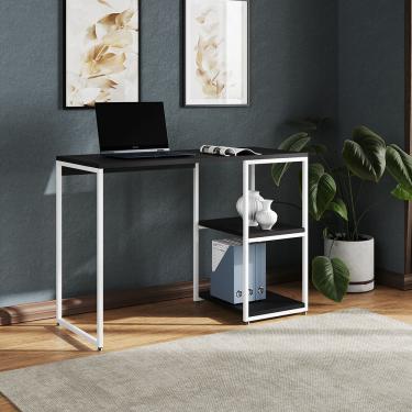 Imagem de Mesa Escritório Berlim Industrial Com Prateleira Ferro Branco Tampo 110x46 Preto