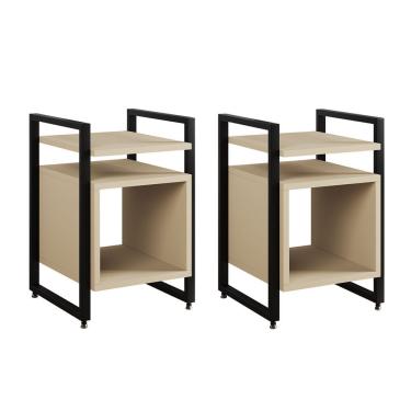 Imagem de Kit 2 Mesas De Cabeceira Industrial Marrocos Ferro Preto E Tampo Off-white