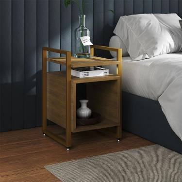 Imagem de Mesa De Cabeceira Industrial Marrocos Ferro Dourado E Tampo Freijó