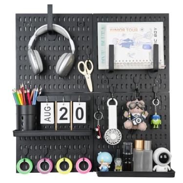 Imagem de Kit organizador de parede Pegboard – Rolamento de carga resistente de 9 kg, fácil instalação, 4 painéis de placa de pinos 14 acessórios – uso em várias superfícies para garagem, escritório, cozinha e
