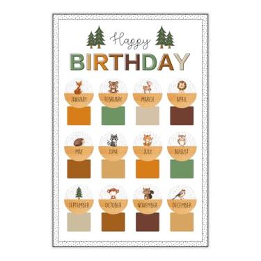 Imagem de FYSUIMU Pôster gráfico de feliz aniversário da floresta animal calendário de volta às aulas Safari mês decoração para quadro de avisos parede de quadro-negro, 28 x 41 cm