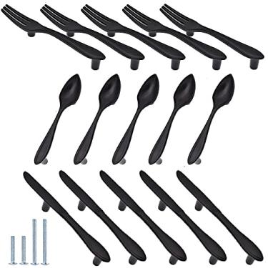 Imagem de CENDGOOD Puxadores de porta AchNau Puxadores de mesa Colher Faca Forma Garfo Cozinha Armário Armário Cômoda Armário Gaveta Buraco Centro 7,6 cm Preto Fosco Pacote com 15