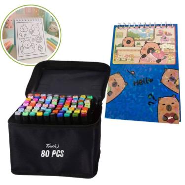 Imagem de Canetinhas 80 Cores Livro Colorir Capivara Fofa Feliz 50 Folhas Divertida Estojo Pintura Hobbie Lazer Relaxante