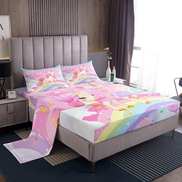 Imagem de Feelyou Conjunto De Cama Unicórnio Para Meninas, Completo, Kawaii, Fofo, Arco-Íris, Lençóis, Desenho Cavalo, Infantil, Galáxia, Estrelas, Animal Mágico Rosa, Decoração Quarto, 1 + 2 Fronhas
